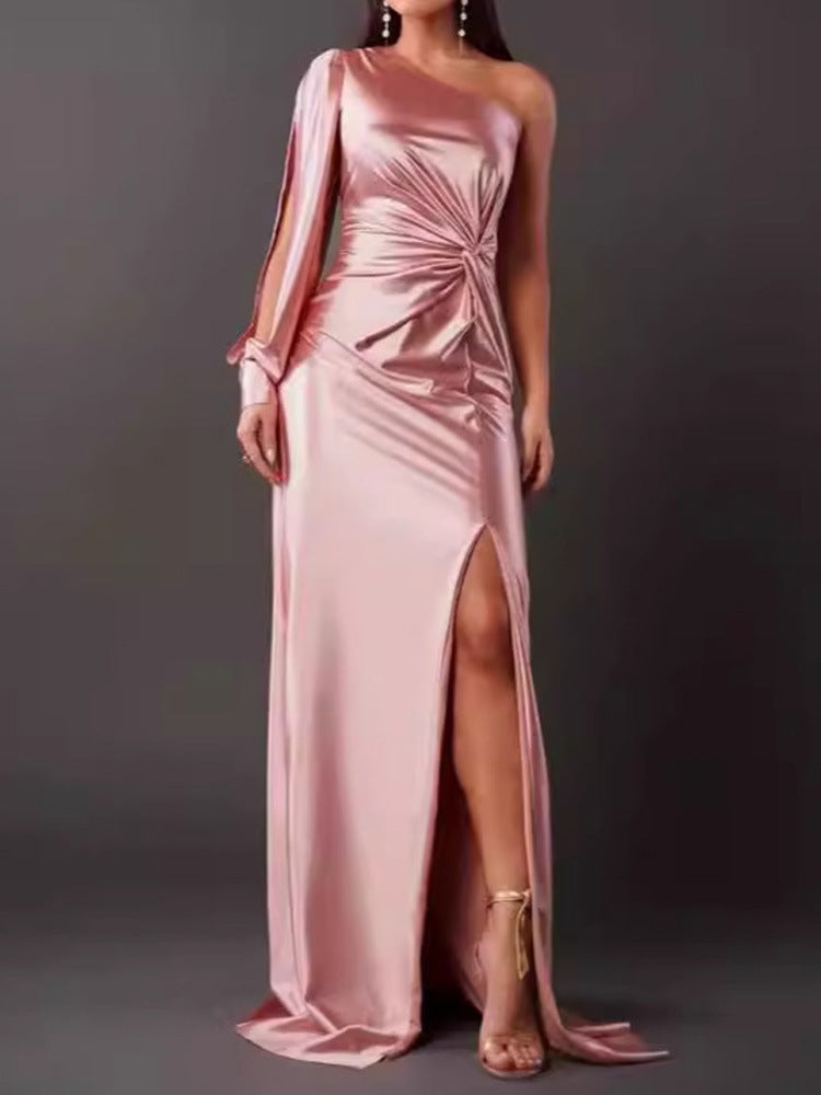 Waist-Cinching, Ruched, Slit Maxi Dress