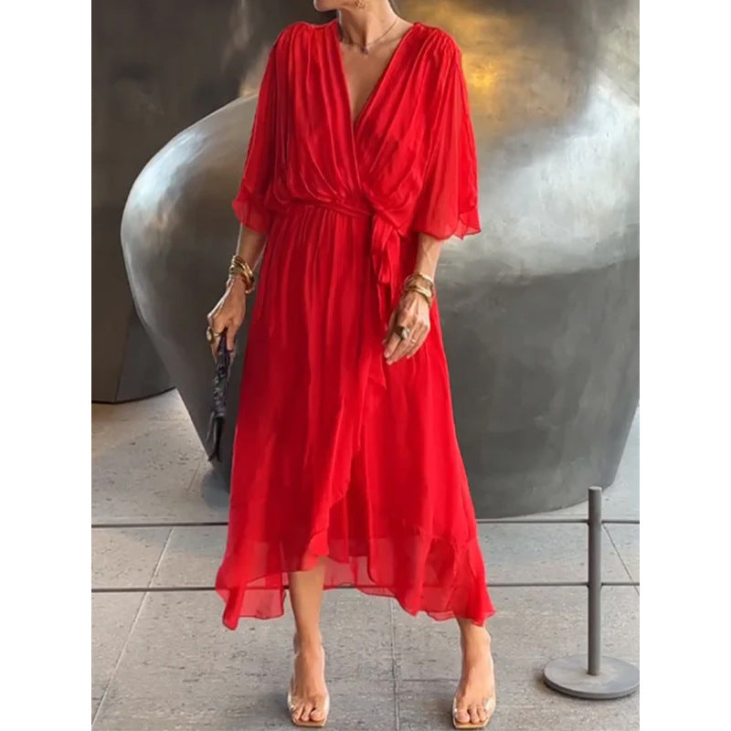 Solid-Color Belted Maxi Dress — Asymmetrical Batwing-Sleeve Dress