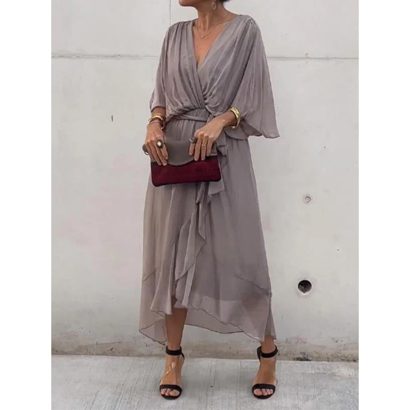 Solid-Color Belted Maxi Dress — Asymmetrical Batwing-Sleeve Dress