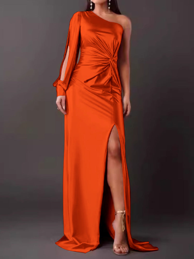 Waist-Cinching, Ruched, Slit Maxi Dress