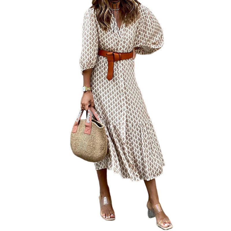 Printed V-Neck Midi Dress with Puff Sleeves