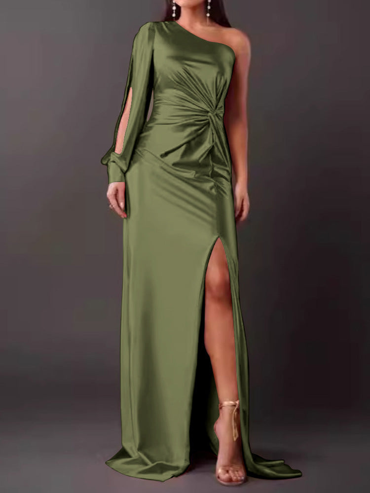 Waist-Cinching, Ruched, Slit Maxi Dress