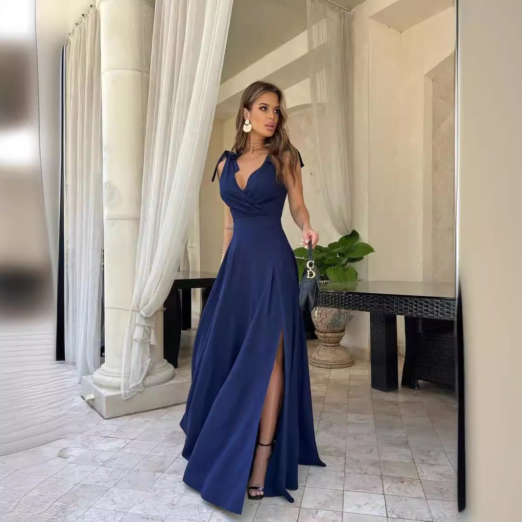Solid-Color Extra-Long Evening Gown