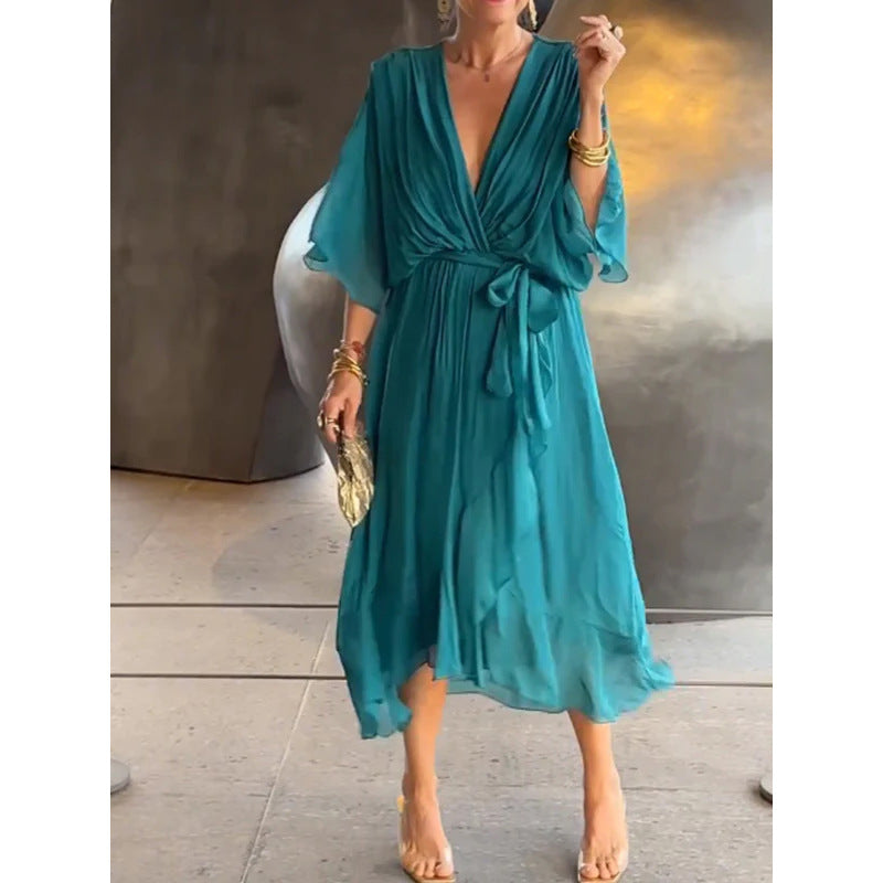 Solid-Color Belted Maxi Dress — Asymmetrical Batwing-Sleeve Dress
