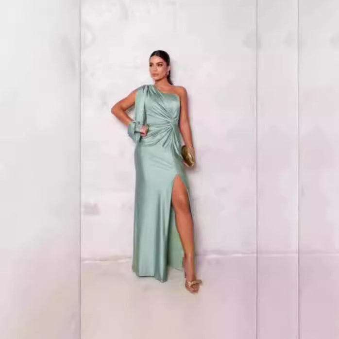 Waist-Cinching, Ruched, Slit Maxi Dress