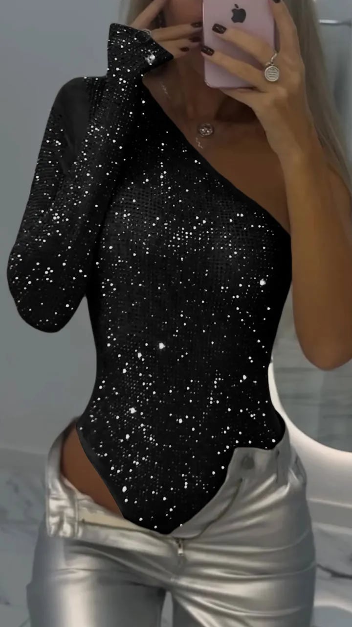 🎊Limited time 50% off🎊Women's one-shoulder tight rhinestone top