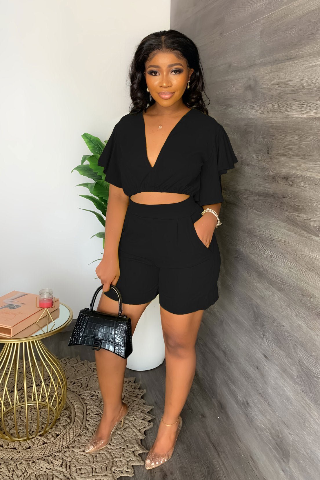 💓V Neck Ruffled Casual Two Piece Shorts Set