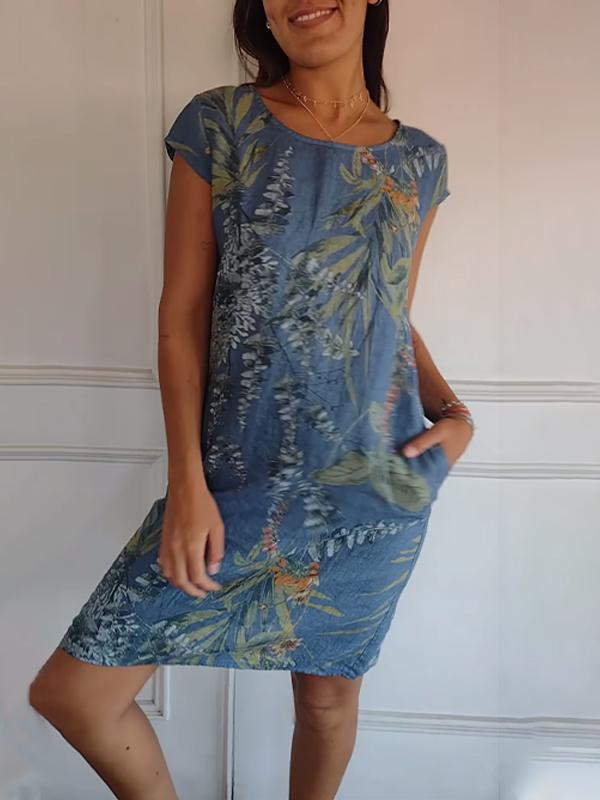 🔥This week's hot sale🔥Women's Cotton & Linen Round Neck Printed Dress