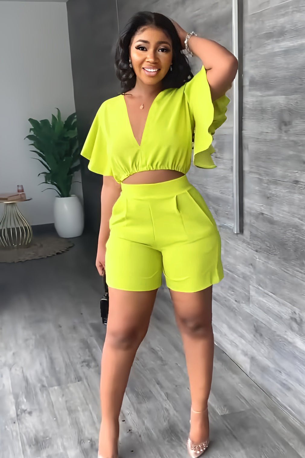 💓V Neck Ruffled Casual Two Piece Shorts Set