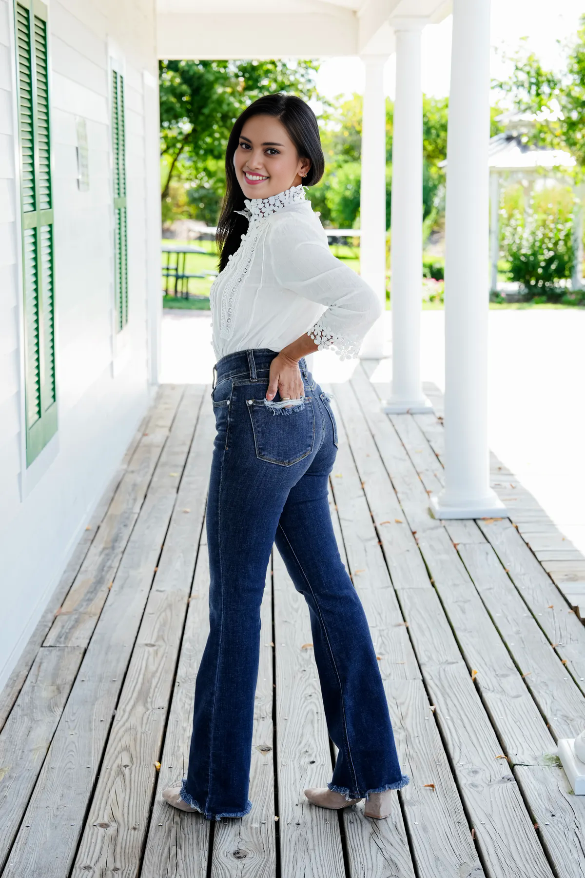 Vintage Double Button Frayed Hem Bootcut Jeans