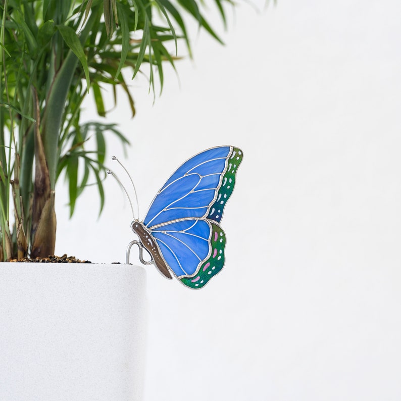 Stained Glass Blue Butterfly Suncatcher: Elegant Home & Pot Decor Gift for Mom
