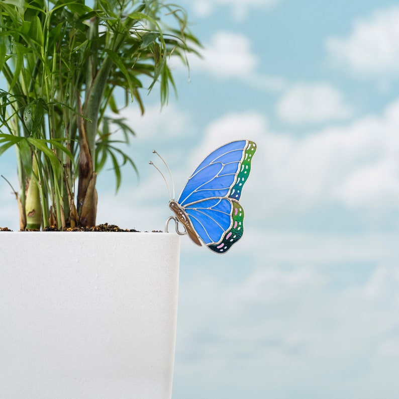 Stained Glass Blue Butterfly Suncatcher: Elegant Home & Pot Decor Gift for Mom