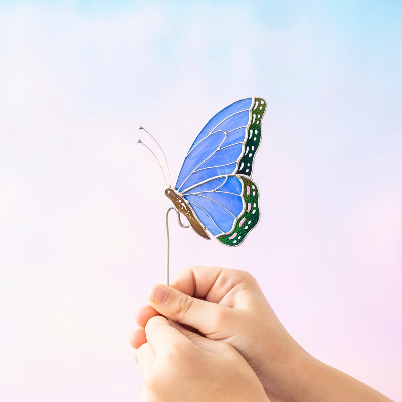 Stained Glass Blue Butterfly Suncatcher: Elegant Home & Pot Decor Gift for Mom