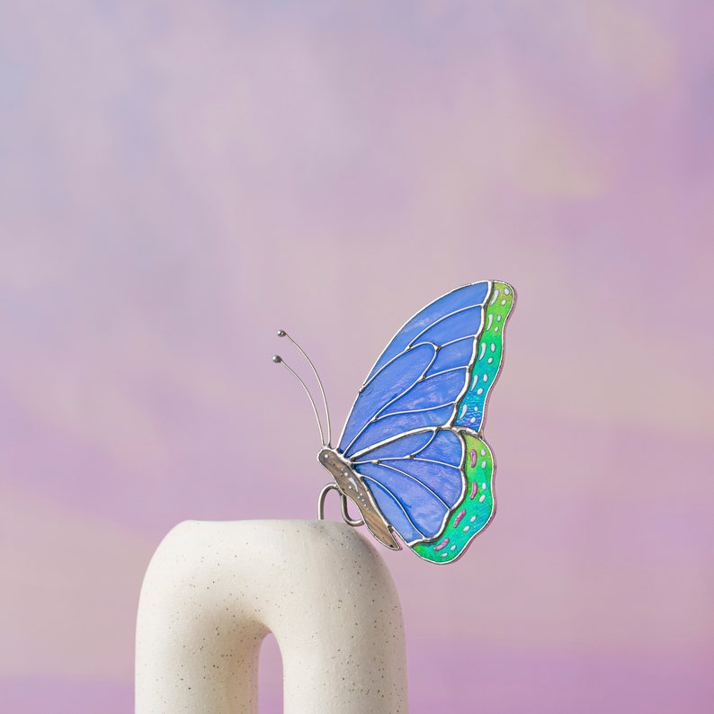 Stained Glass Blue Butterfly Suncatcher: Elegant Home & Pot Decor Gift for Mom