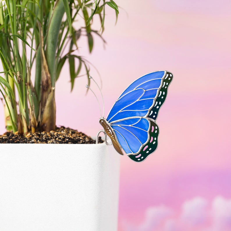 Stained Glass Blue Butterfly Suncatcher: Elegant Home & Pot Decor Gift for Mom