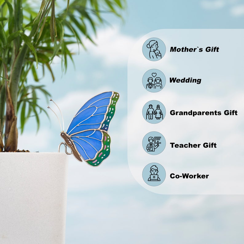 Stained Glass Blue Butterfly Suncatcher: Elegant Home & Pot Decor Gift for Mom