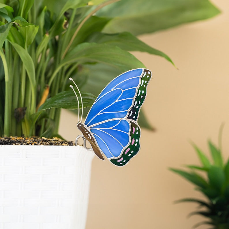 Stained Glass Blue Butterfly Suncatcher: Elegant Home & Pot Decor Gift for Mom