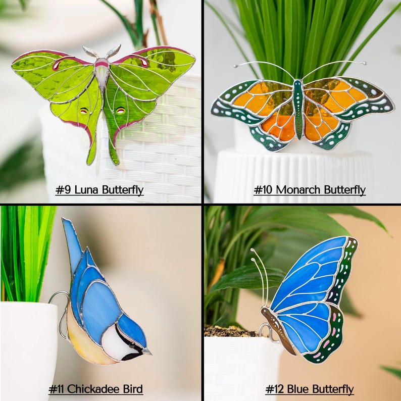 Stained Glass Blue Butterfly Suncatcher: Elegant Home & Pot Decor Gift for Mom